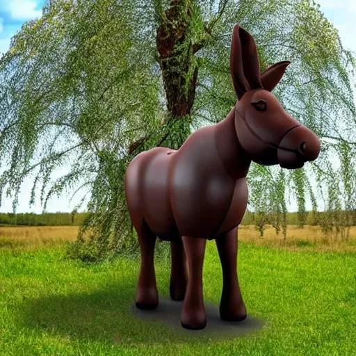 Prompt: Life-Size Animate Chocolate Donkey Sculpture Standing in a Pasture, Digital Art Trending on Artstation