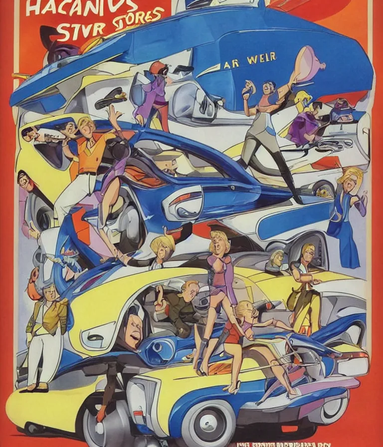 Image similar to Hannah Barbera cartoons of Five Star Stories as Whacky Wheels, promotional poster.