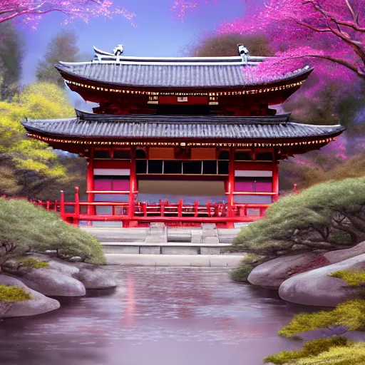 Prompt: japanese temple, bridge, waterside, digital art, irina french, heraldo ortega, mandy jurgens golden ratio,, award winning, masterpiece, trending on artstation, 8 k 1 5 0 mpx