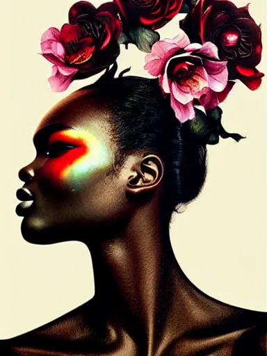 Image similar to double exposure portrait of duckie thot with a floral background : : painted by artgerm, karol bak, artur bordalo, sandra chevrier : : portrait, character, illustration, hyperrealism, photorealism,