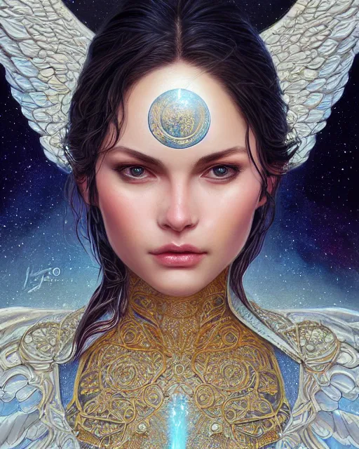 Prompt: close up portrait of a beautiful cosmic angel, fantasy, intricate, elegant, highly detailed, digital painting, artstation, concept art, smooth, sharp focus, illustration, by artgerm and greg rutkowski