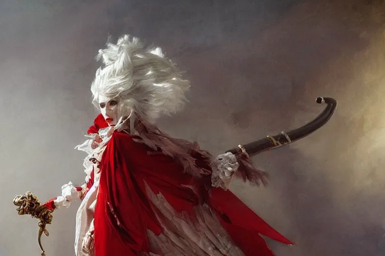 Prompt: a vampire with long light white hair and a red scarf, windy, ribbons, melancholic, modern maximalist harlequin fashion dress, is ( ( holding a golden sword ) ). light dust, magnificent, hyperdetailed, theatrical, painted by jean honore fragonard and greg rutkowski