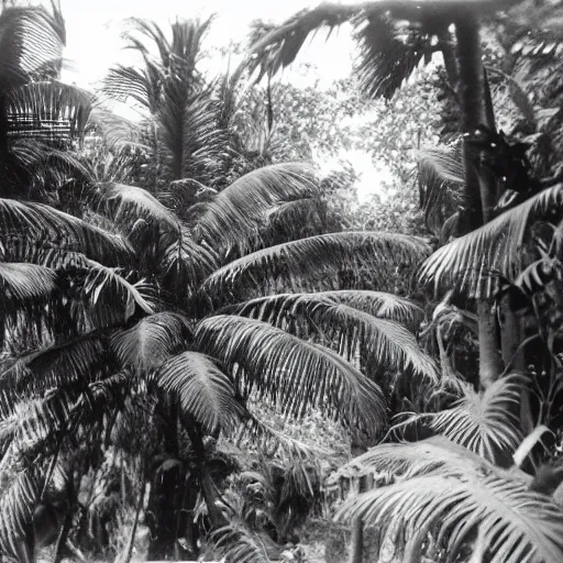 Prompt: a rizom lost film footage of a ( ( ( ( ( ( ( ( sphere ) ) ) ) ) ) ) in the middle of the tropical jungle / tribalism!!!!! / film still / cinematic / enhanced / 1 9 2 0 s / black and white / grain