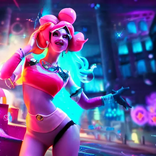 Prompt: Princess peach mixed with jinx from league of legends, dancing, background with neon lighting, fullshot, raytrayced, octane render, epic composition, intricate details, hyperrealist, dark neon punk, by Alessandro Barbucci, Barbara Canepa