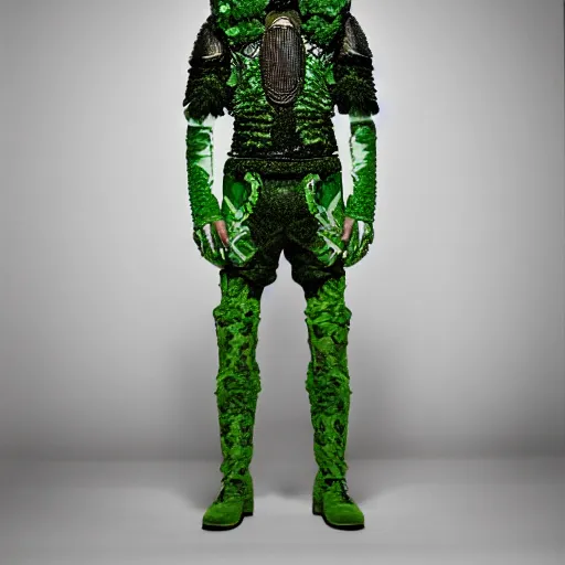 Prompt: a portrait of a beautiful young male wearing an alexander mcqueen armor made of algae , photographed by andrew thomas huang, artistic