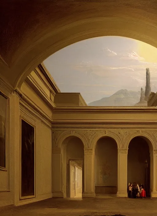 Image similar to a thomas cole painting of a hallway with round arches decorated by wes anderson