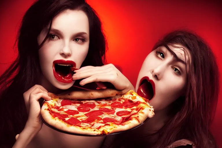 Prompt: A vampire eating a delicious pizza, studio portrait, dramatic lighting, trending on artstation