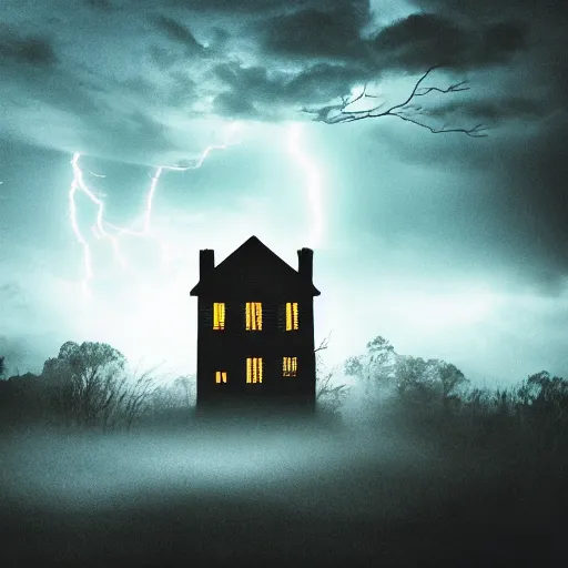 Image similar to haunted house, atmospheric, mist, lightning