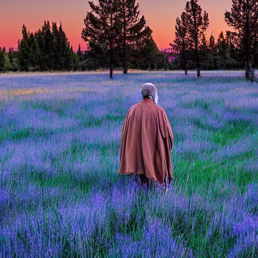 Prompt: old prophet wandering about a meadow, blue hour