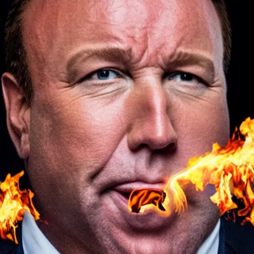 Prompt: Alex Jones setting all his money on fire and crying