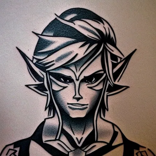 Image similar to tattoo design, stencil, portrait of link from zelda series by artgerm