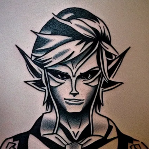 Prompt: tattoo design, stencil, portrait of link from zelda series by artgerm