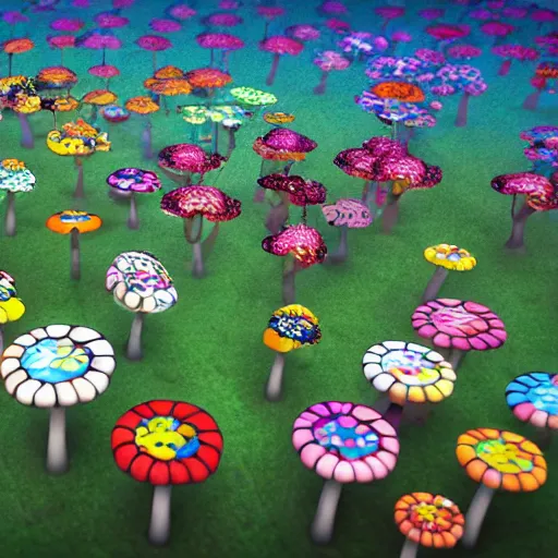 Image similar to Floral psychedelic apocalypse caused by the crashing of the Murakami flower meteor in the peaceful village of mushrooms, unreal engine 5 render, art by Takashi Murakami, Meteor made out of Murakami flowers, tiny mushroom village