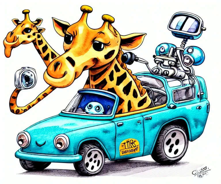 Image similar to cute and funny, giraffe wearing a helmet riding in a tiny hot rod with oversized engine, ratfink style by ed roth, centered award winning watercolor pen illustration, isometric illustration by chihiro iwasaki, edited by range murata, tiny details by artgerm and watercolor girl, symmetrically isometrically centered, focused