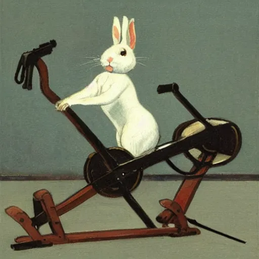 Prompt: a rabbit using a rowing machine, in the style of ilya repin