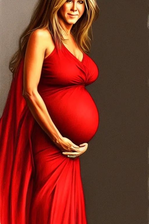 Image similar to pregnant jennifer aniston in a red dress, realistic portrait, symmetrical, highly detailed, digital painting, artstation, concept art, smooth, sharp focus, illustration, cinematic lighting, art by artgerm and greg rutkowski and alphonse mucha