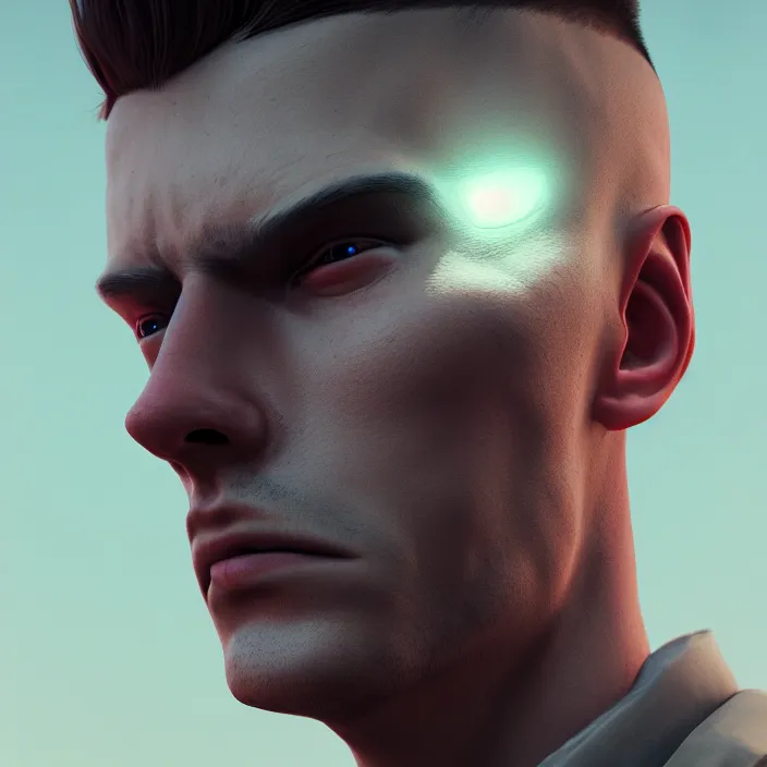 Image similar to portrait of a male model with a scar over his eye, by Tooth Wu, wlop, beeple, dan mumford. octane render, trending on artstation, greg rutkowski very coherent symmetrical artwork. cinematic, hyper realism, high detail, octane render, 8k, iridescent accents