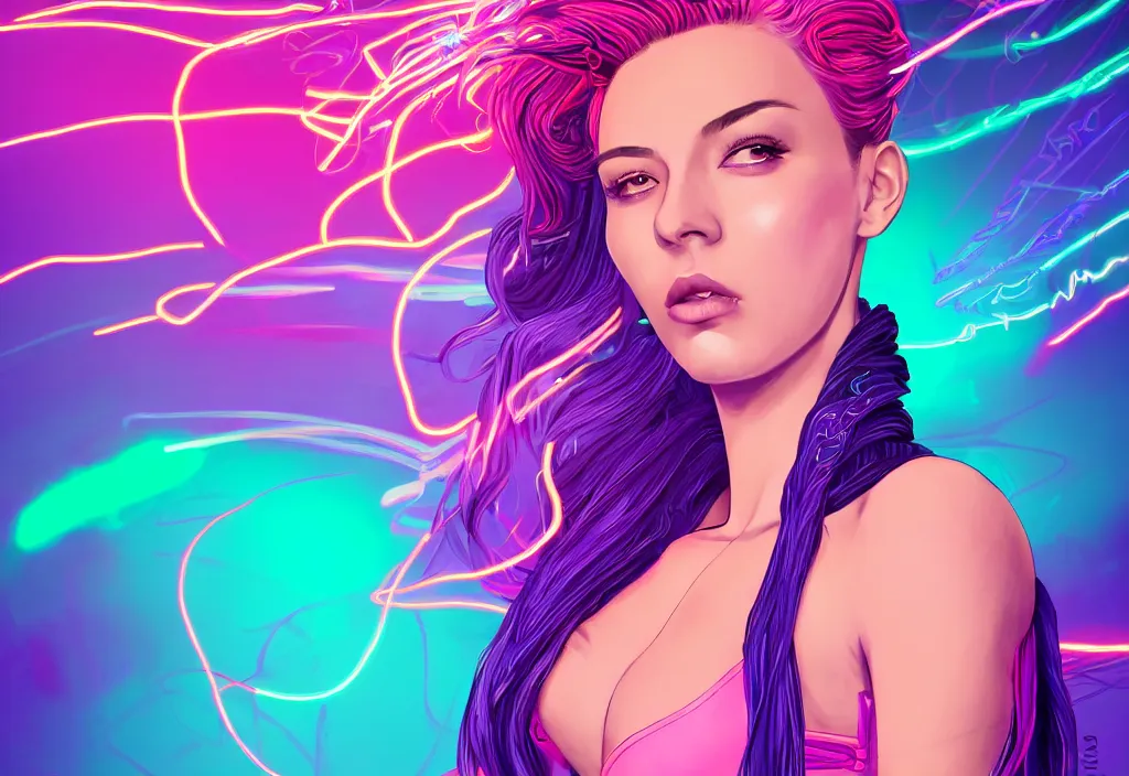 Image similar to a award winning half body portrait of a beautiful woman in a croptop and cargo pants with ombre purple pink teal hairstyle surrounded by whirling illuminated lines, outrun, vaporware, shaded flat illustration, digital art, trending on artstation, highly detailed, fine detail, intricate sensual