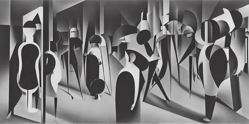 Image similar to strange beings in a common space, Oskar Schlemmer, futurism, Bauhaus