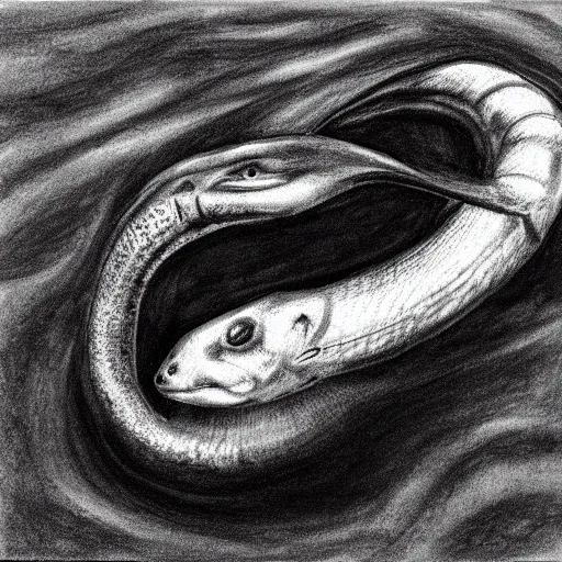 Image similar to moray eel outline, black ink on white paper