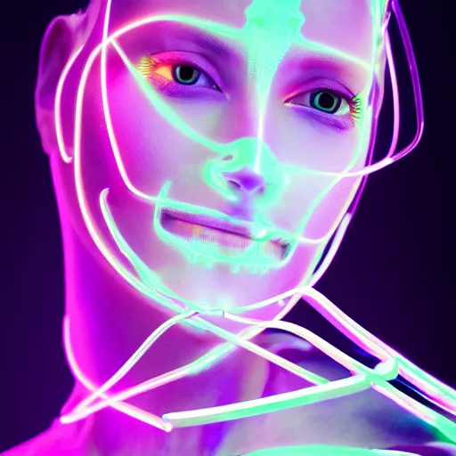 Image similar to a portrait of a female cyborg, fashion, streak lights, ligjt trail, color gel, photogtaphy, canon r 5, glowing, white background, 3 d render, unreal engine, white body suit, futuristic