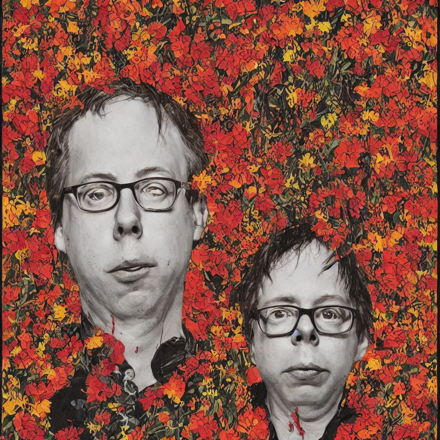 Image similar to todd solondz john zorn male portrait of the john zorn todd solondz of the underworld puking blood surrounded by flowers by karol ba