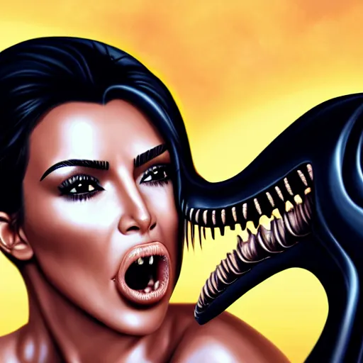 Image similar to kim kardashian being licked menacingly by an xenomorph, highly detailed, photorealistic, slime, saliva, artstation, smooth