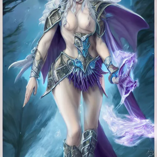 Prompt: Ice Sorceress, arrogant, wrathful, Magic the Gathering, fantasy, full body, highly detailed, digital painting, artstation, concept art, sharp focus, illustration, art by artgerm and livia prima and magali villeneuve, blue white and purple color scheme