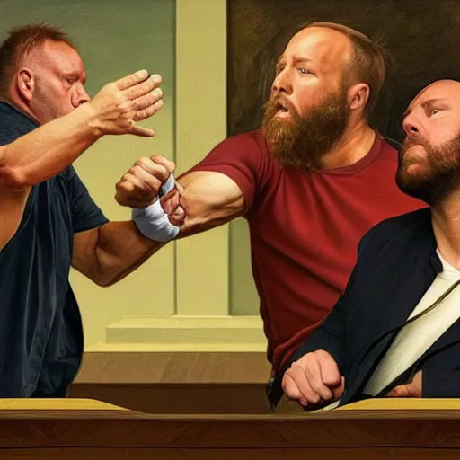 Image similar to alex jones fighting alex jones in a courtroom, golden ratio, renaissance painting,