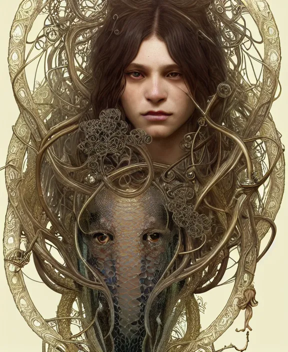 Image similar to intricate ornate opulent transparent clear see - through portrait of a horrific beautiful male human wolf snake, adorable, childlike, overgrown biopunk jungle environment, ultra realistic, concept art, art nouveau, photorealistic, octane render, 8 k, unreal engine. art by christopher marley and artgerm and greg rutkowski and alphonse mucha