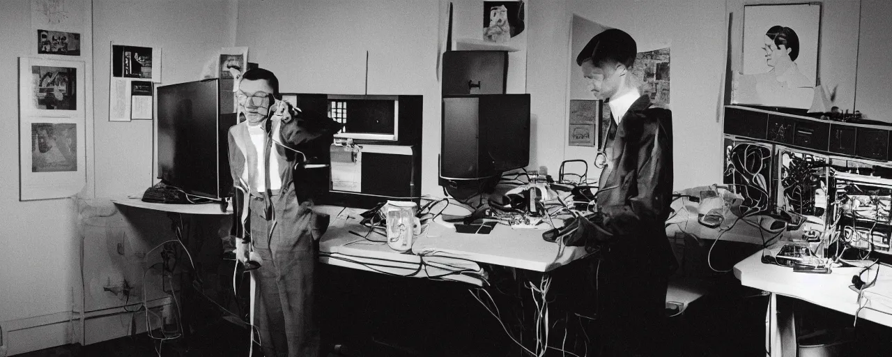 Image similar to alan turing proudly standing in front of his computer made out of spaghetti, canon 5 0 mm, cinematic lighting, photography, retro, film, kodachrome