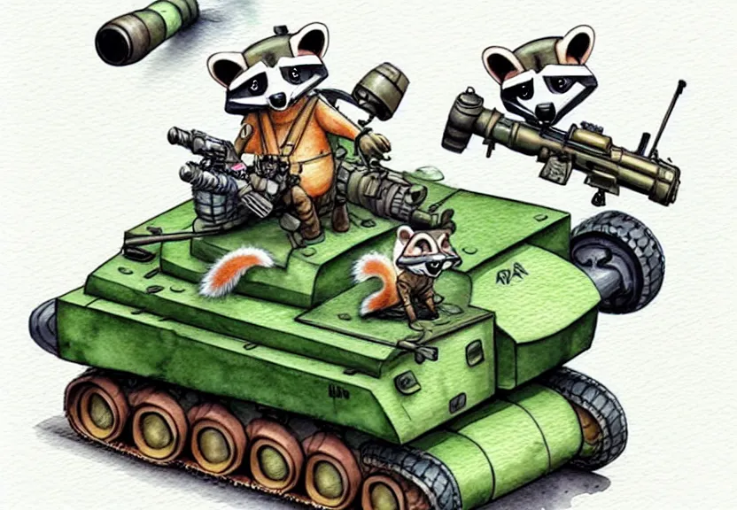 Image similar to cute and funny, racoon wearing army helmet riding in a tiny tank with large cannon, ratfink style by ed roth, centered award winning watercolor pen illustration, isometric illustration by chihiro iwasaki, edited by range murata