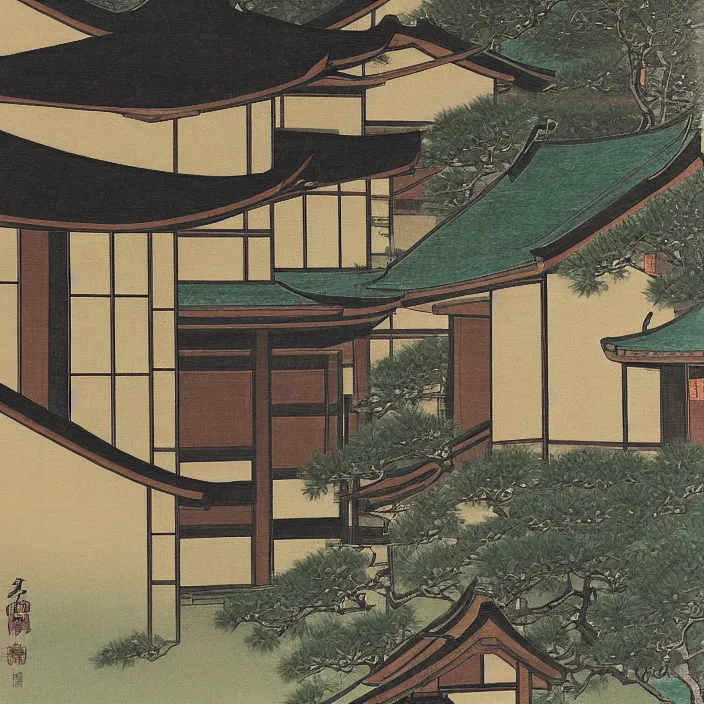 Image similar to a building in a serene landscape, traditional japanese painting