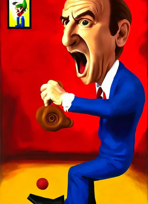 Image similar to saul goodman in super mario 64 !dream saul goodman angry, screaming, red face, spit flying from mouth, stylistic painting by 'phil hale'!!!! high quality hd