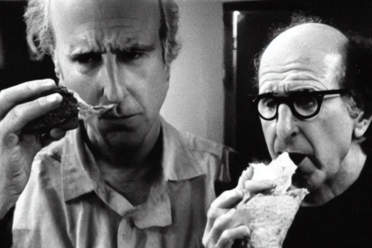 Image similar to larry david eating a sandwich, horror film still, dark atmosphere, found footage, nightmare, unsettling, cinematic