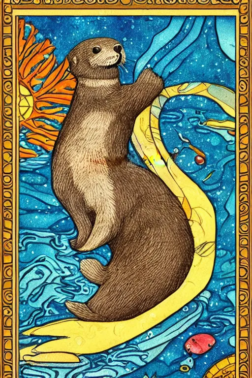 Image similar to tarot card illustration depicting a sea otter on the card the seven of fish, framed in an elaborate golden line border, tarot card, detailed illustration, sea otter, furry art, artstation, 4 k