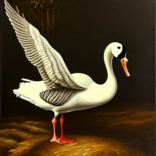 Image similar to oil painting of a goose with dozens of eyes all over its body