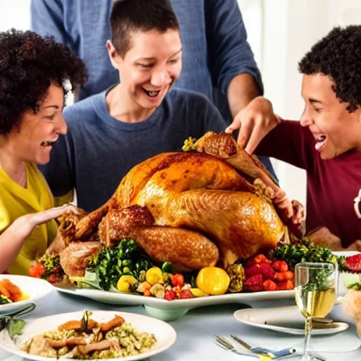 Image similar to a family sitting at a table eating thanksgiving dinner, the turkey is a monkey