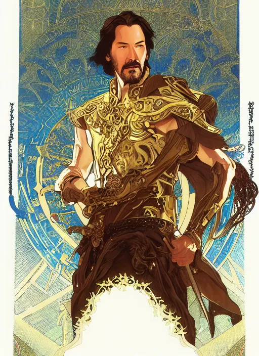 Prompt: keanu reeves in the slumps brown skin golden hair brown leather armor high fantasy dnd smooth sharp focus illustration by rossdraws, alphonse mucha frank fanzzeta