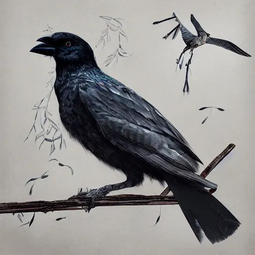 Image similar to a silver feathered partially wireframed jackdaw, with a fine paintbrush in it's beak, creating artwork on canvas, by leesha hannigan, ross tran, thierry doizon, kai carpenter, ignacio fernandez rios