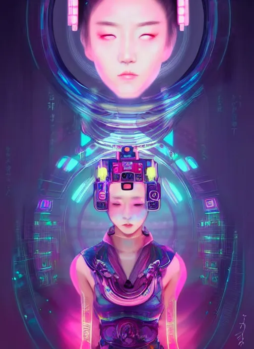 Image similar to portrait of female japanese android wearing a vr headgear and in an elaborate kimono dress, hologram hovering around her, intricate detail, cyber neon lighting, highly detailed, beautiful wide angle photography, artstation, glamor pose, concept art, art by peter mohrbacher, pinterest, artstation,