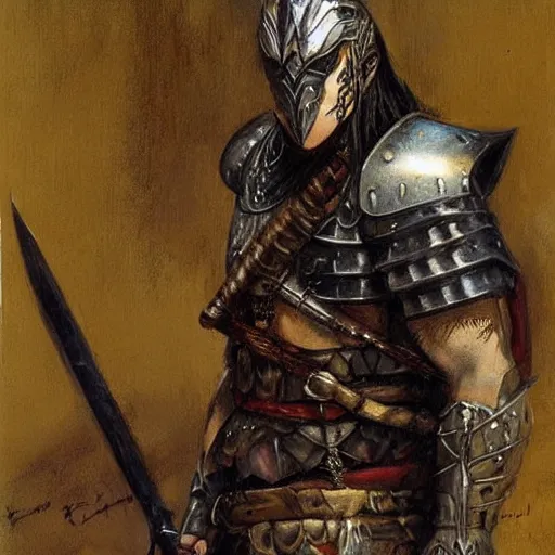 Image similar to portrait of a waifish goth wearing armor and holding sword by frank fazetta, fantasy, barbarian