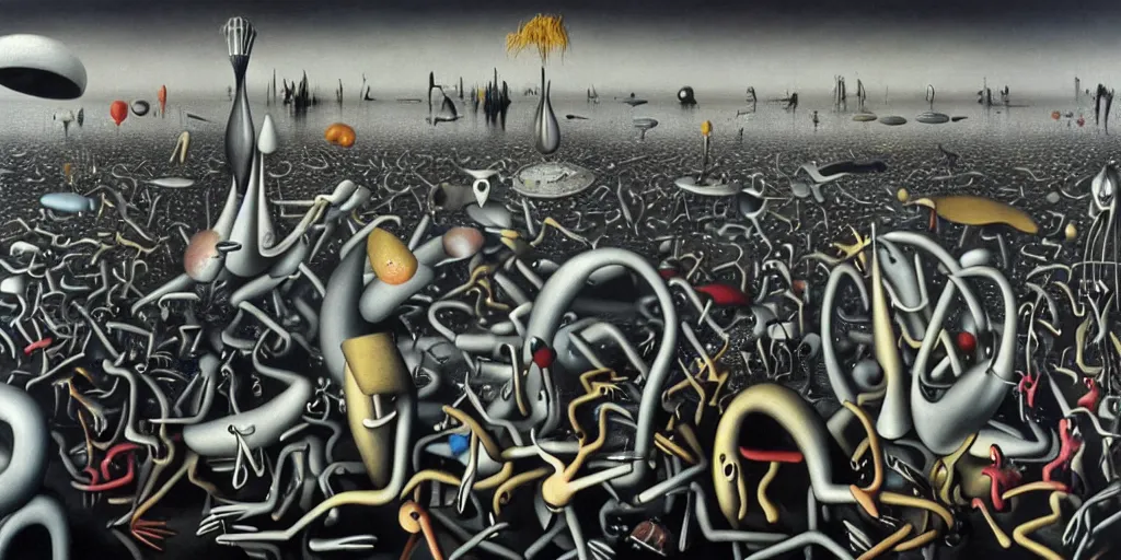 Prompt: disease decimating a global population, animals ruling the world, detailed surrealist painting by yves tanguy