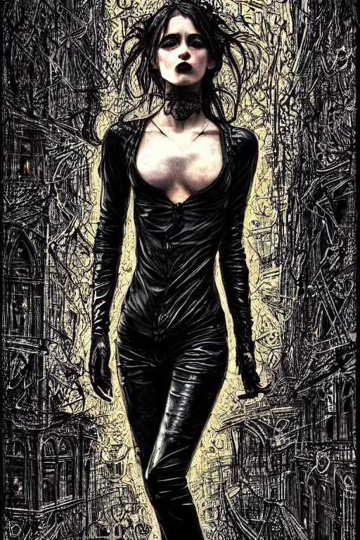 Image similar to dreamy gothic girl, black leather slim clothes, attractive and amazing, beautiful woman body, detailed acrylic, grunge, intricate complexity, by dan mumford and by alberto giacometti, peter lindbergh