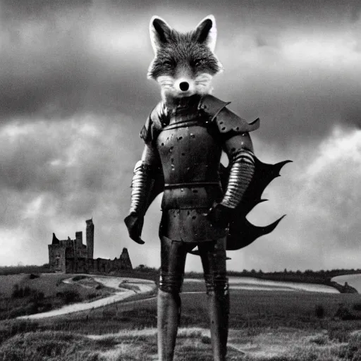 Image similar to anthropomorphic fox!! who is a me - dieval knight holding a swo - rd towards a stormy thundercloud [ 1 9 3 0 s film still ], ( castle in the background )