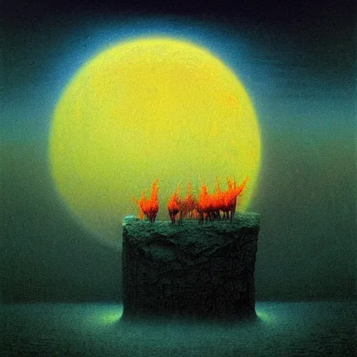 Image similar to the moon on fire by lisa frank inspired by zdzislaw beksinski