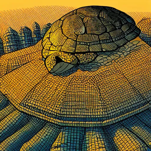 Image similar to ziggurat built around atop a gigantic turtle tortoise highly detailed concept art schematic golden hour Laurie Greasley