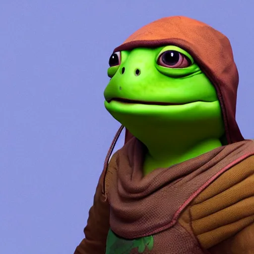 Image similar to a sadge - sad - pepe - the - turtle - ninja, looking more depressed than usual, quivering lips, fists in the air, sweat flying, cgi render, zbrush, octane, keyshot render