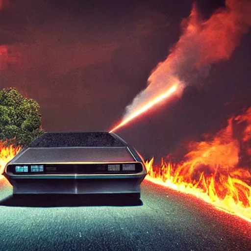 Image similar to knightrider pontiac firebird chasing the back to the future delorean, cinematic, delorean leaves fire trails behind