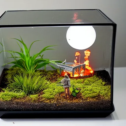 Image similar to a terrarium with nuclear reaction having meltdown diorama inside on top of a minimalist table, lit from the side